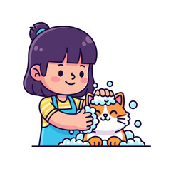 Cute Cartoon Girl Giving a Cat a Bubble Bath