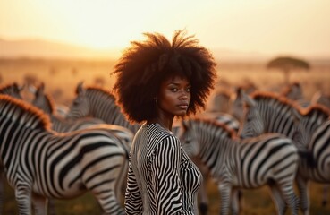Obraz premium Black woman with afro stands among zebras during sunset on African savanna. She wears a striped outfit matching animal patterns. Nature and fashion blend in this golden hour scene.