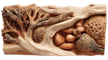 Woodworking Art: Beautiful woodworking art with intricate wood carvings and natural textures, isolated on a Transparent background, PNG file.