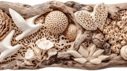 Woodworking Art: Beautiful woodworking art with intricate wood carvings and natural textures, isolated on a Transparent background, PNG file.