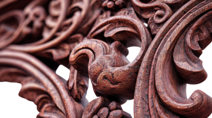 Woodworking Art: Detailed woodworking art featuring intricate carvings, polished finishes, and natural wood textures, isolated on a Transparent background, PNG file.
