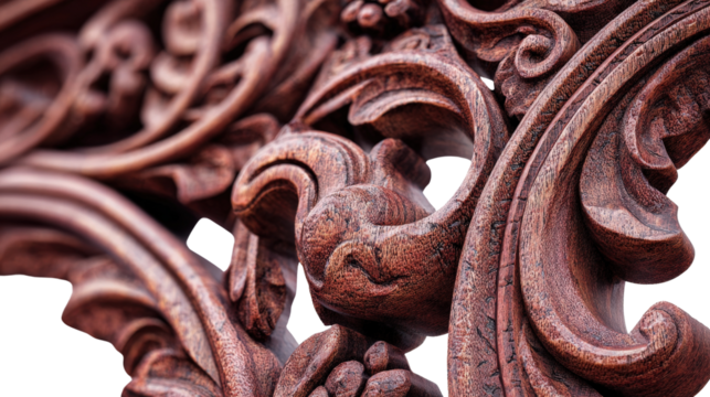 Woodworking Art: Detailed woodworking art featuring intricate carvings, polished finishes, and natural wood textures, isolated on a Transparent background, PNG file.