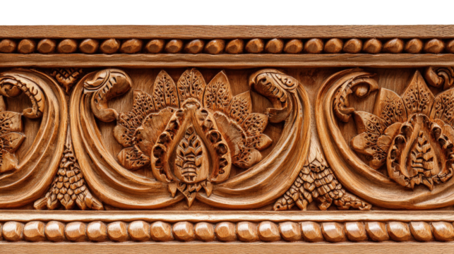 Woodworking Art: Detailed woodworking art with carved patterns, smooth finishes, and intricate designs, isolated on a Transparent background, PNG file.