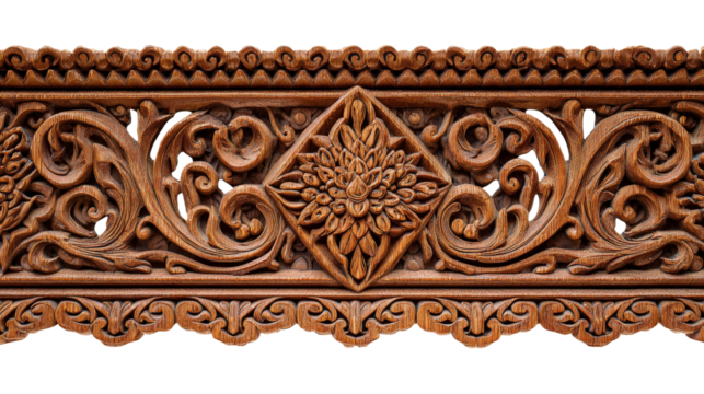 Woodworking Art: Detailed woodworking art with carved patterns, smooth finishes, and intricate designs, isolated on a Transparent background, PNG file.