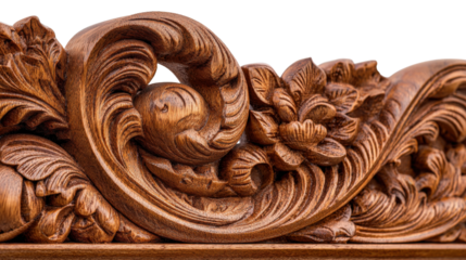 Woodworking Art: Detailed woodworking art with intricate carvings and polished wood surfaces, isolated on a Transparent background, PNG file.