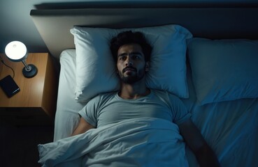 Man lying awake in bed at night. He cannot sleep and looks troubled, stressed and unhappy. Bedtime is frustrating and causes a lot of worry.
