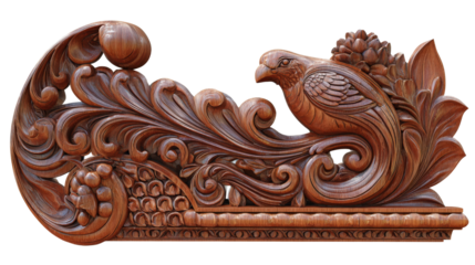 Woodworking Art: Detailed woodworking art with intricate carvings and polished wood surfaces, isolated on a Transparent background, PNG file.