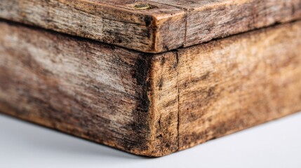 Fototapeta premium Close-up corner view of a weathered wooden box, showing grain detail, wear, and joint construction against a white background
