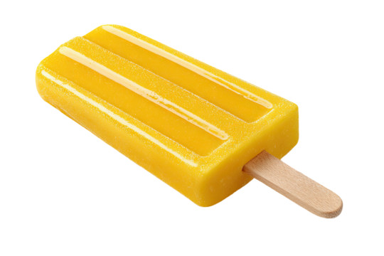 Yellow popsicle with ridges and wooden stick, isolated