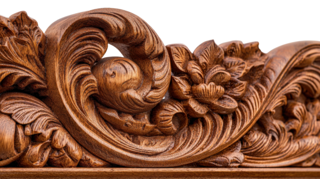 Woodworking Art: Detailed woodworking art with intricate carvings and polished wood surfaces, isolated on a Transparent background, PNG file.