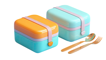 Two colorful lunch boxes, teal and orange, with straps and utensils