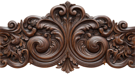 Woodworking Art: Intricate woodworking art with detailed carvings and polished surfaces, isolated on a Transparent background, PNG file.