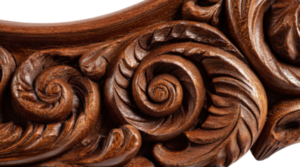 Woodworking Art: Intricate woodworking art with detailed carvings and polished surfaces, isolated on a Transparent background, PNG file.