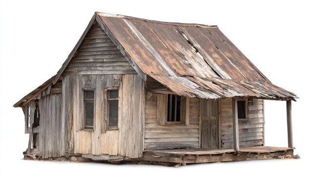 Weathered wooden shack isolated on white, with peeling paint, rust roof, and a small porch. Shows aging and decay - Powered by Adobe