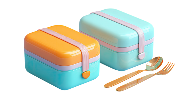 Two colorful lunch boxes, teal and orange, with straps and utensils