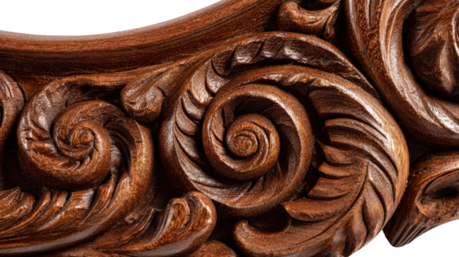 Woodworking Art: Intricate woodworking art with detailed carvings and polished surfaces, isolated on a Transparent background, PNG file.