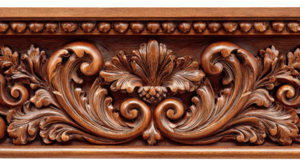 Woodworking Art: Intricate woodworking art with detailed carvings and polished wood finishes, isolated on a Transparent background, PNG file.