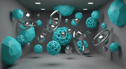 Empty square room with Turquoise and silver geometric shapes move smoothly, creating an abstract and visually appealing animation, ideal for various multimedia projects