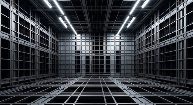 Empty square room with Grid structures in metallic colors. Reworked wide-angle photo of office building fragment. Abstract image on the subject of modern architecture, industry or technology