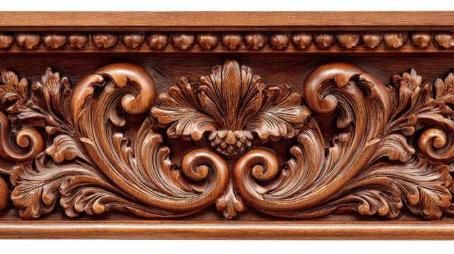 Woodworking Art: Intricate woodworking art with detailed carvings and polished wood finishes, isolated on a Transparent background, PNG file.