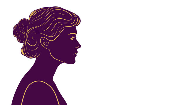 Elegant woman profile silhouette with gold outline Vector Silhouette,  A stylized profile silhouette of a woman with an elegant updo hairstyle, rendered in deep purple with gold line art accents