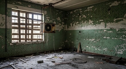 Empty square room with Boarded up window on side of abandoned brick factory painted green with broken air conditioner