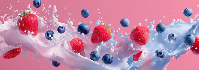 Fresh Berries and Milky Yogurt Splashing Dynamically Against Pink