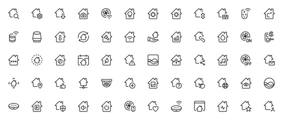 Smart House icon set. Minimal line vector icons pack Includes symbols for wifi camera, settings, securit, automation, assistant, cntrol, temperature, music,and more. Editable stroke.