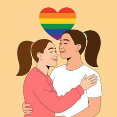 An illustration capturing a tender moment between two women sharing affection, symbolizing love, acceptance, and LGBTQ+ pride within a vibrant rainbow heart backdrop.