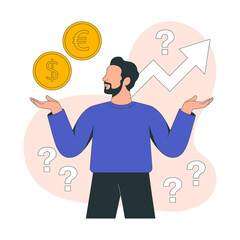 An illustration of a man weighing coins and currency symbols against uncertainty, representing the tension between financial choices and personal questions about wealth.