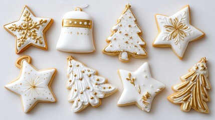 An overhead shot presents eight festive cookies in various shapes, adorned with white icing and gold detailing, arranged on a neutral surface