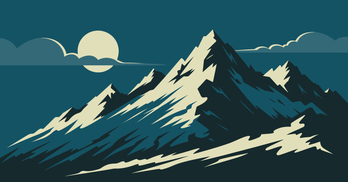 A captivating stylized mountain landscape art piece, combining retro aesthetics and modern design elements, evoking a sense of adventure and appreciation for nature's beauty.