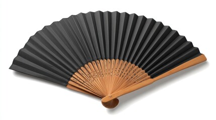 Open hand fan displaying dark gray paper attached to light brown wood ribs, casting a soft shadow