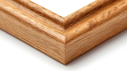 Corner of a frame. It has intricate carved trim detail and light wood grain