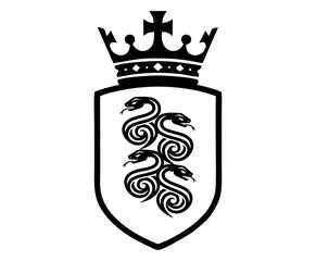 Elegant Heraldic Shield with Crown and Four Intertwined Serpents. Black and White Royal Emblem Design.