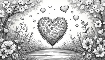 Whimsical heart with floral pattern floats above grass and flowers. Hearts and blossoms surround central symbol. Romantic, love themed, black and white doodle art.