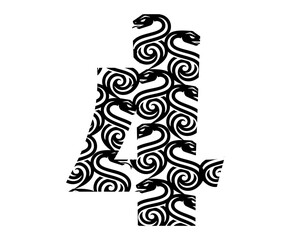Intricate Black and White Number 4 with Stylized Snake and Swirl Pattern; Decorative Serpent Graphic Element