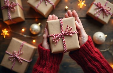 Top view of woman hands wearing red knitted sweater. Holds small gift box wrapped in craft paper with red white striped twine. Presents, golden ornaments, warm bokeh fairy lights on dark wooden