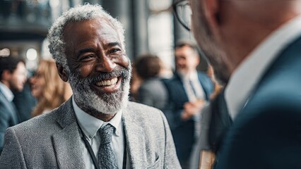 Smiling senior businessman in formal attire speaks to a colleague at event generative ai
