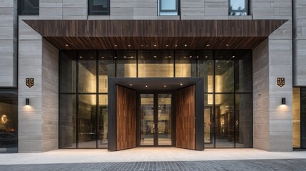Building entryway with wide open wooden doors under a wooden awning with stone walls