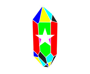 Vibrant Geometric Crystal with Central White Star, Abstract Polygonal Gemstone Design on White