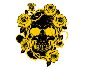 Vibrant Yellow Rose and Thorn-Adorned Black Skull Graphic Illustration on White Background, Edgy Floral Skeleton Design