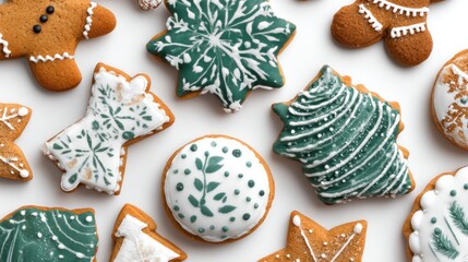 Assorted gingerbread cookies with white & green icing designs scattered on a white background