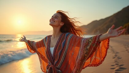 Young woman in colorful clothes opens arms wide at sunset on sandy beach. She smiles with eyes closed feeling joy and freedom by the ocean waves.