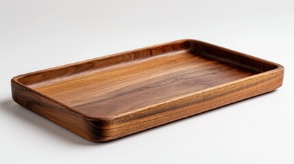 A rectangular, wooden serving tray is presented against a white backdrop. The tray features rounded edges and a polished surface displaying wood grain