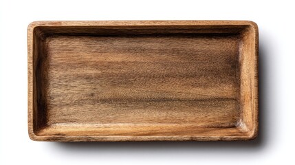 Overhead shot of a rectangular wooden tray. The tray has gently rounded corners, visible wood grain, and a slightly raised edge. It casts a subtle shadow