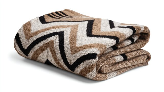 A folded knit blanket displays a zig-zag pattern of beige, tan, black, and white stripes. The textured material is soft and warm-looking