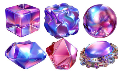 Iridescent Cosmic Tech Artifacts with Glossy and Transparent Finishes on Isolated Background