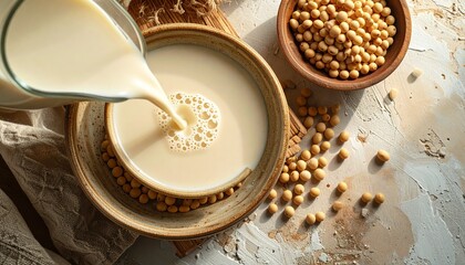 豆乳をボウルに注ぐ手と大豆の美味しい料理素材写真