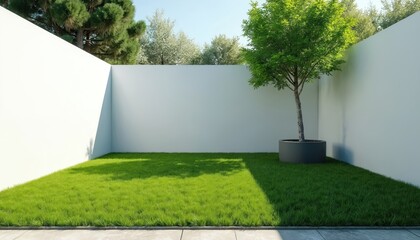 Modern backyard with green grass and small tree in pot. Minimalist white wall surrounds lawn. Tree provides shade on grass. Clean design with clear blue sky.